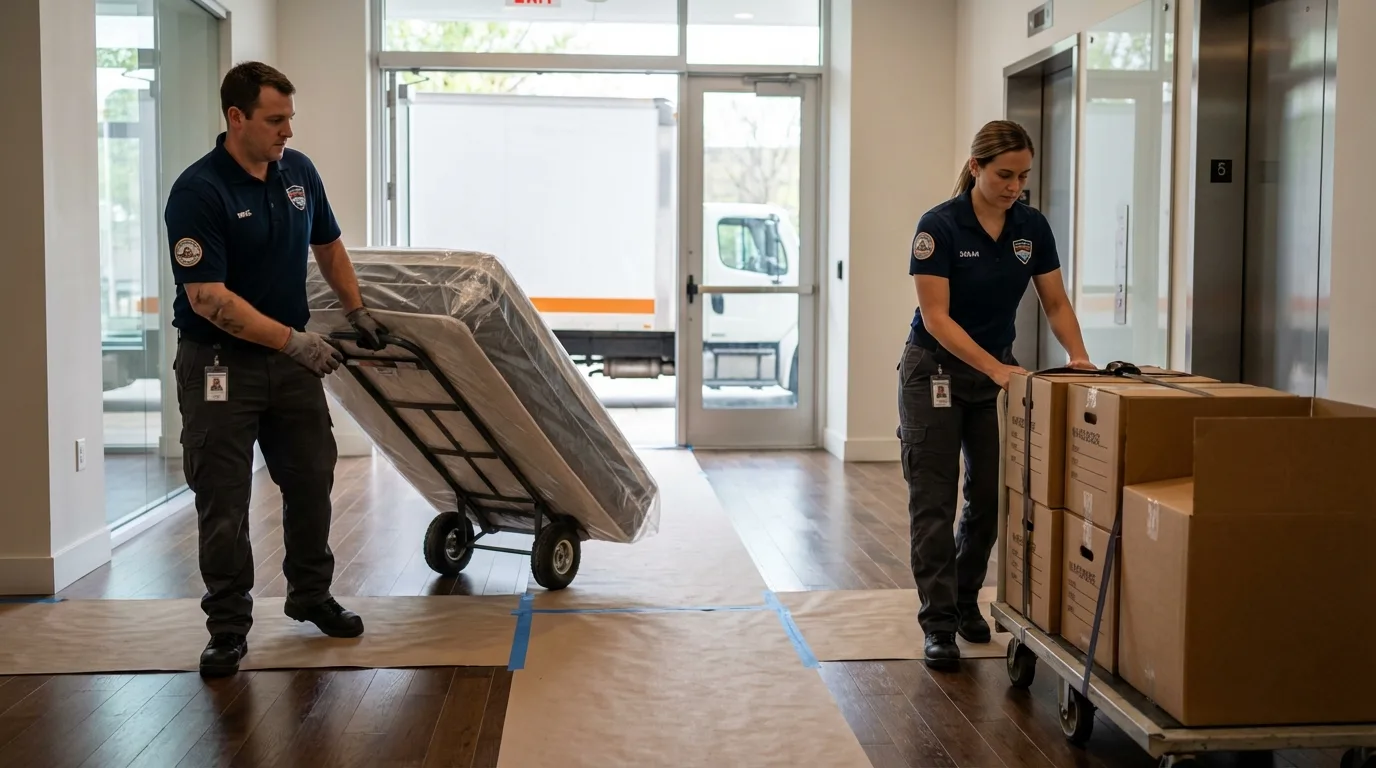 Professional apartment movers loading elevator in New Bloomfield, PA