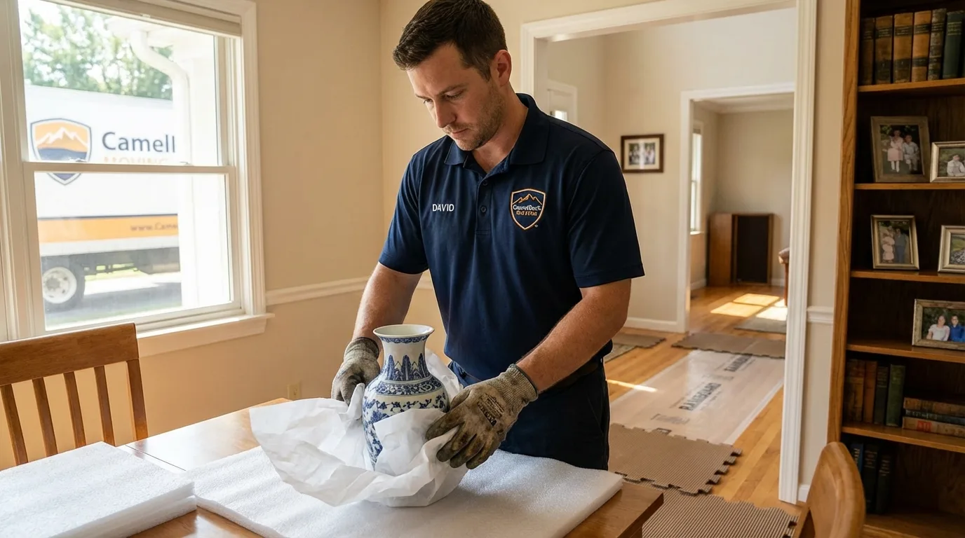 Professional crew carefully wrapping antique vase for senior downsizing move in New Bloomfield, PA